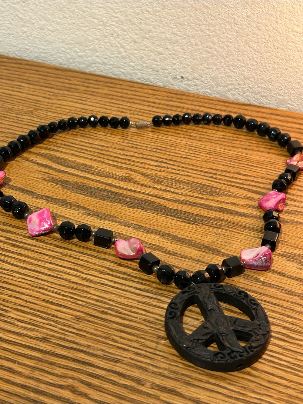 Black and Pink Beaded Peace Pendant Necklace - With Peace Sign